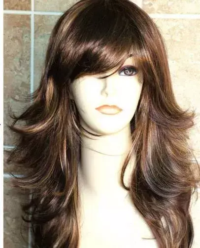 Женский Длинный двухцветный смешанный коричневый блонд многослойный разрез с боковой бахромой модный парик