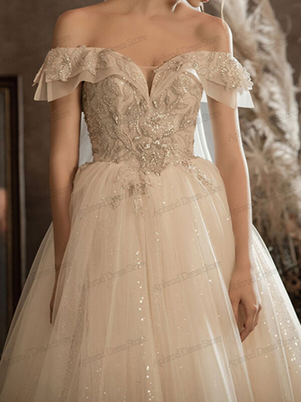 Gaun pernikahan klasik gaun pengantin glamor jubah bahu terbuka untuk pesta Formal A-Line lengan pendek Vestidos De Novia