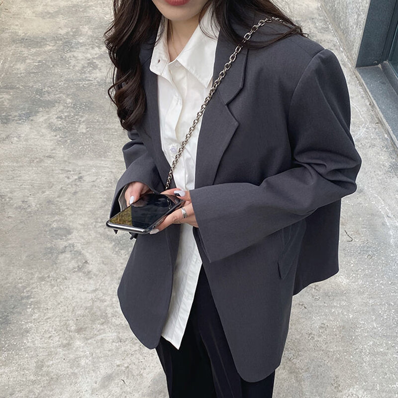 Lcuyever-blazer cinza para mulheres, estilo coreano, manga longa, casaco de terno solto, peito único, jaqueta chique feminina, primavera e outono