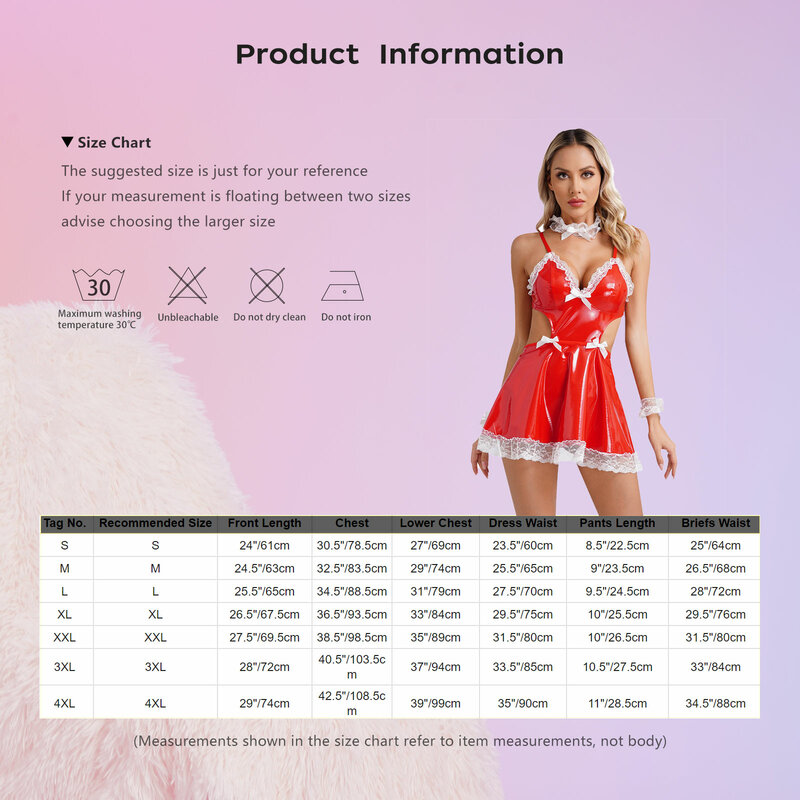 Women‘s Naughty Maid Patent Leather Costumes V Neck Backless Mini Dress with T-Back Thongs Lace Choker Cuffs 5PCS Cosplay Outfit
