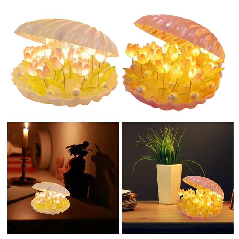 Suministros de luz nocturna DIY, lámpara de mesa de luz de tulipán de concha de Decoración LED para dormitorio, sala de estar, mesita de noche, regalo de cumpleaños