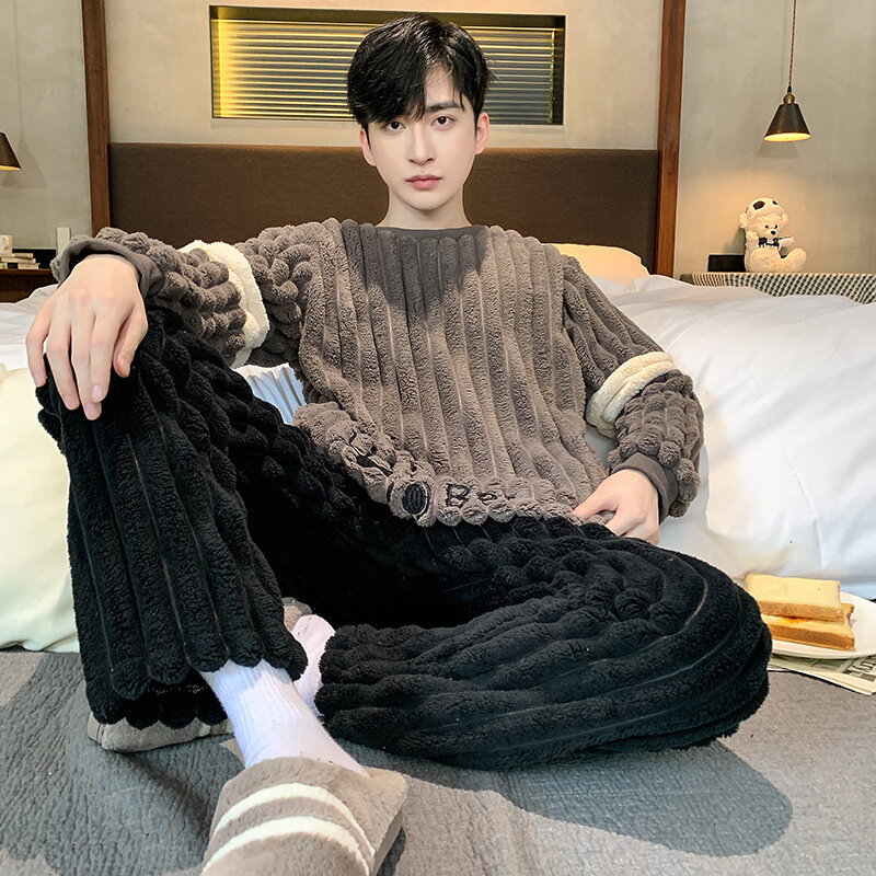 Pyjama en flanelle épais et chaud pour hommes, manches longues, velours corail, mode coréenne, vêtements de nuit, ensemble pour la maison, hiver 2022