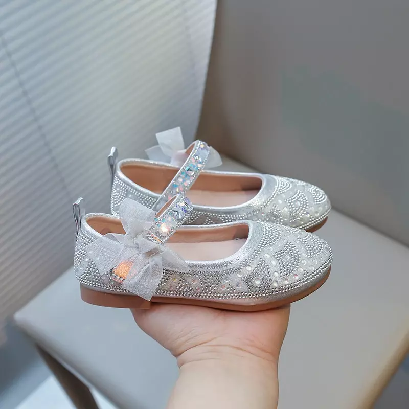 Zapatos de cuero para niñas, zapatos de vestir para niños, fiesta de boda, diamantes de imitación con pajarita de encaje, zapatos planos de princesa, Mary Janes dulce