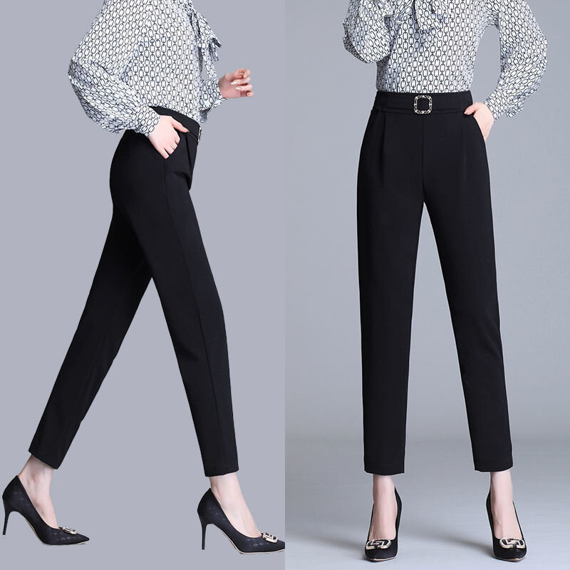 Office Ladies Elegant Fashion Korean Elastic High Waist Trousers Summer Simple White Black Belt Pocket Cropped Harem Pants S-4XL