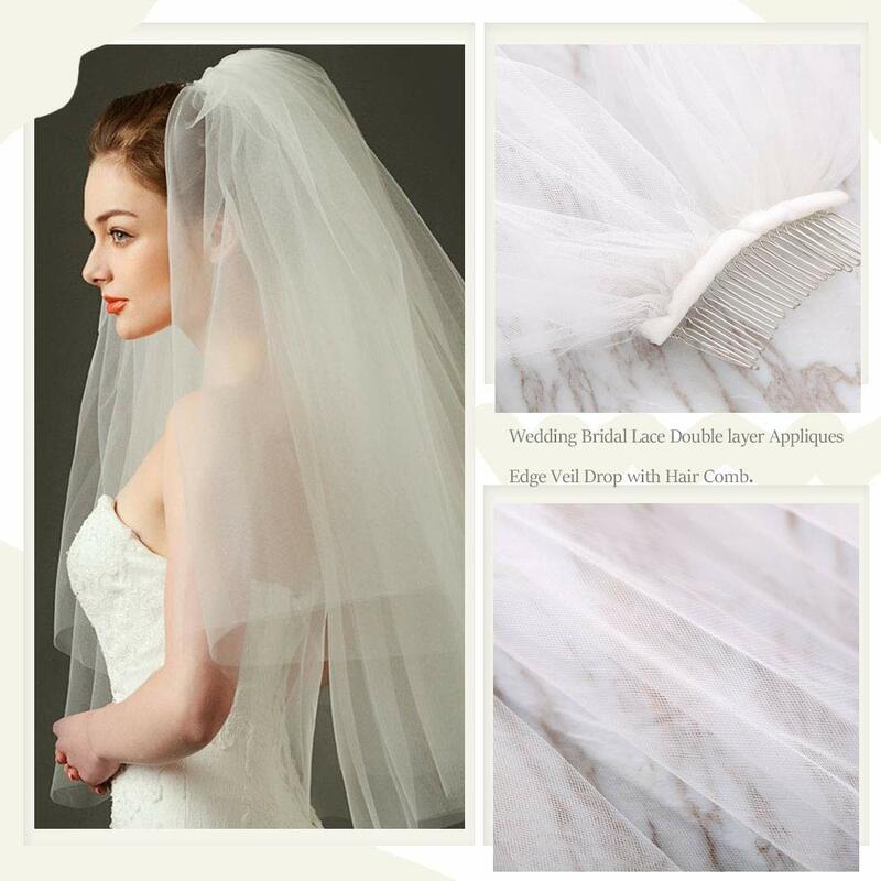 Lindo véu de casamento nupcial, blusher véu branco com pente, acessórios de cabelo para mulheres e meninas, curto, 2 camadas, noiva