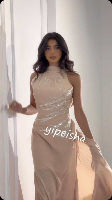 Вечернее шифоновое облегающее платье-футляр с бусинами и высоким воротником, платье средней длины на заказ для свадьбы, Саудовской Аравии