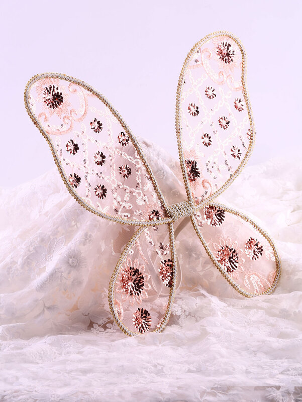 Alas de mariposa de malla con lentejuelas, bordado de encaje, oro rosa, Bebé y Niño, dos tamaños, regalos de vacaciones, accesorios de rendimiento