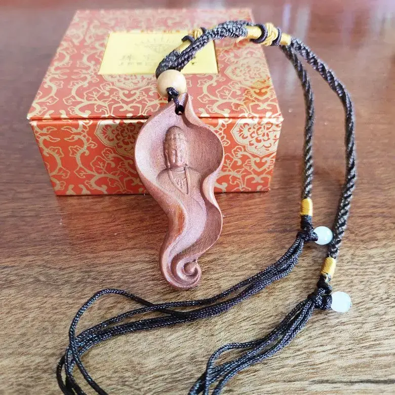 Mahogany Log Wood Carving Pendant Walnut Laughing Buddha Goddess Matsu Of The Sea Mazu Safe Guanyin Car Keychain Charm Necklace