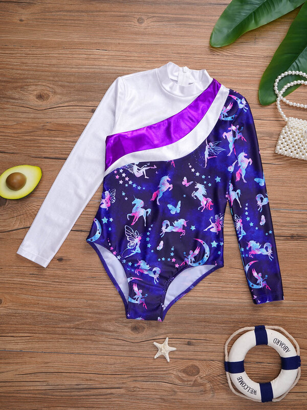Kids Girls Cute Cartoon Print Leotard Long Sleeve Color Blocked One Piece Jumpsuit for Gymnastics Dance costumes spotwear