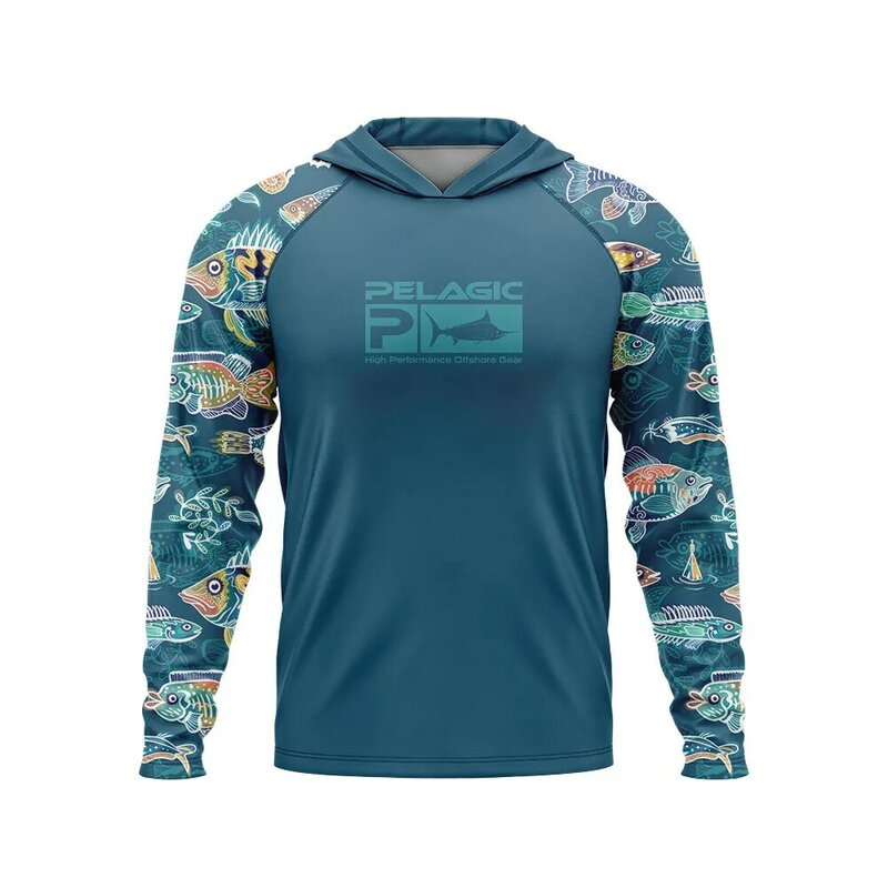 Pelagic Gear Fishing Apparel for Men, camiseta de manga comprida, camisa de peixe, proteção solar, respirável, roupas com capuz, verão
