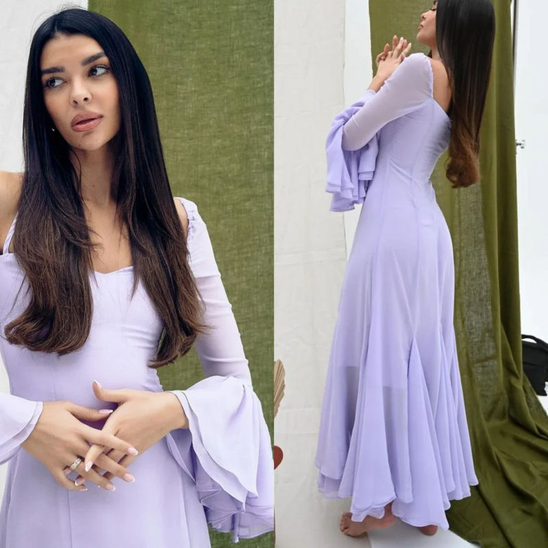 Saudi Arabia Lilac Halter Chiffon Prom Dresses Flare Long Sleeves A-Line Party Gowns Formal Occasion Evening Dresses