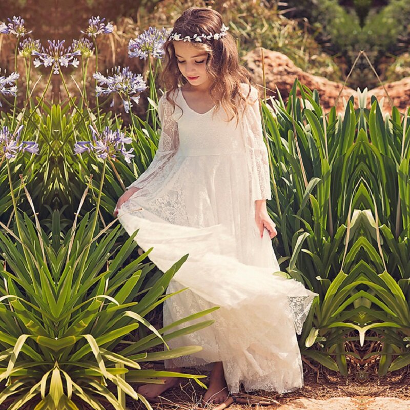 Gaun Gadis Bunga Anak-anak Cantik untuk Pernikahan Gaun Pesta Lengan Panjang Gaun Pengiring Pengantin Putih Gaun Gadis Bunga Pesta Pernikahan