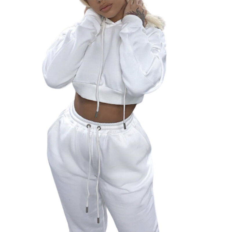 Women's 2 Piece Outfits Drawstring Crop Top And High Waist Pocketed Joggers For Casual Daily Wear