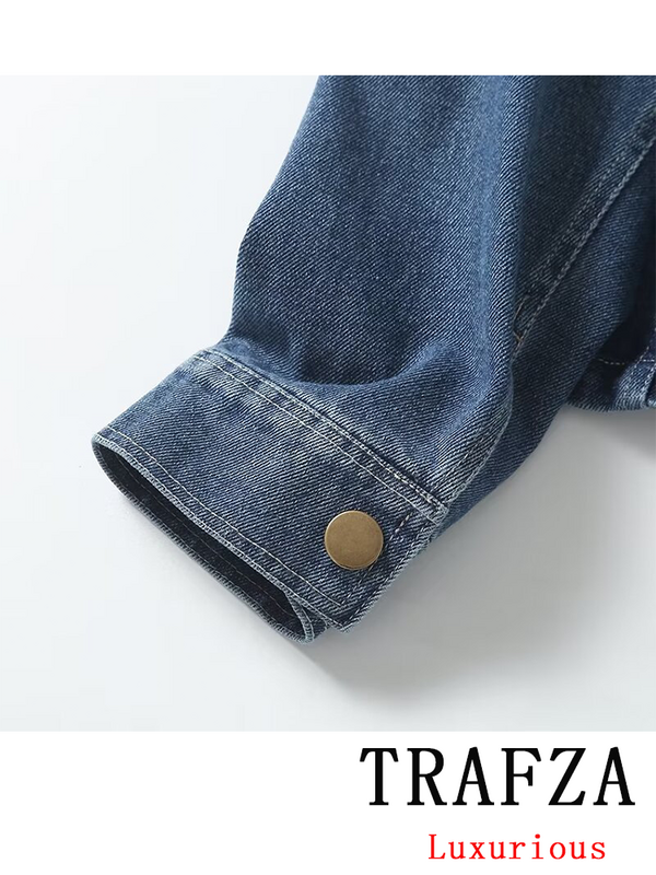 TRAFZA-Jaqueta jeans de manga comprida feminina, vintage, casual, solta, curta, o pescoço, blusa elegante, casaco de férias, nova moda, 2024