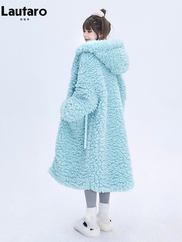 Lautaro Winter Lange Übergroßen Casual Dicke Warme Blau Dicke Warme Fuzzy Flauschigen Faux Pelz Mantel Frauen mit Kapuze Zipper Mode 2023