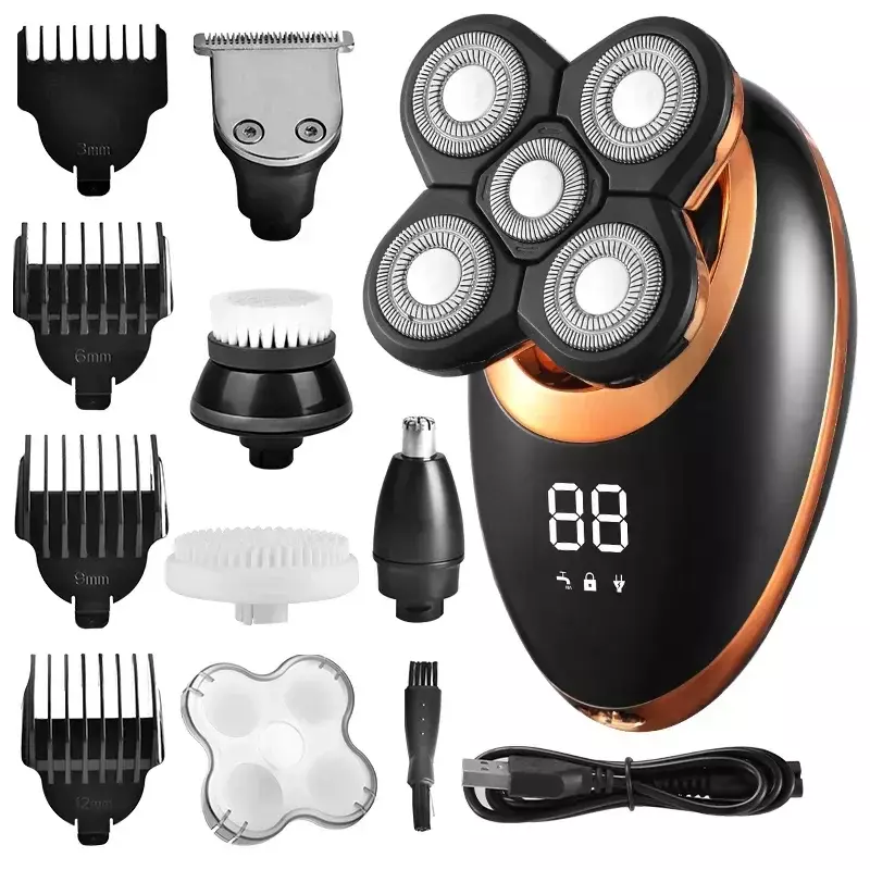 IPX7 Barbeador elétrico impermeável para homens, aparador de pêlos de barba recarregável, máquina de barbear de cabeça careca, kit de limpeza LCD