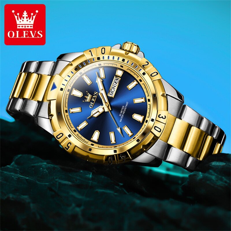 OLEVS-reloj analógico de acero inoxidable para hombre, accesorio de pulsera de cuarzo resistente al agua con calendario, complemento deportivo Masculino de marca de lujo con esfera luminosa, color azul
