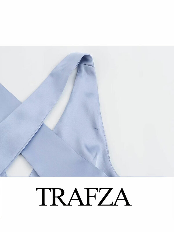 TRAFZA Retro V-neck Back Cross Hollow Decoration Women's Silk Satin Texture Zipper Dress Summer Women's Blue Party Evening Dress