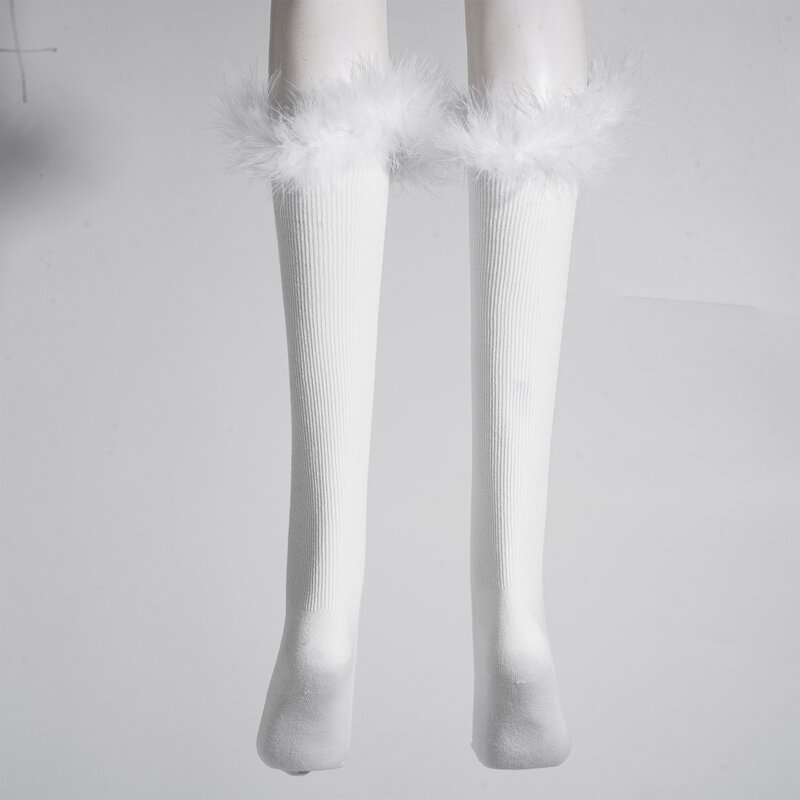 Frauen Mädchen Baumwolle hohe Socken stilvolle Feder Spitze dehnbare einfarbige Socken Frühling Herbst Socken für Lolita Party Cosplay