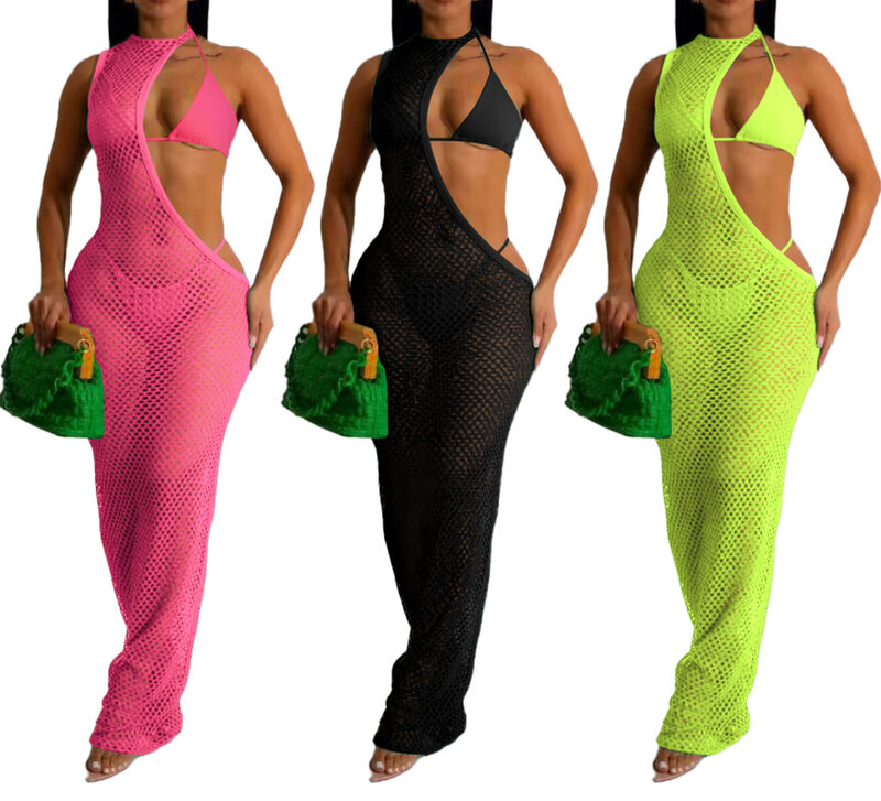 Sexy Female Evening Party dresses Hollow Out Maxi Prom Dress Mesh See-Through 3pcs Set Fashion Beach Cover up Dress For Women