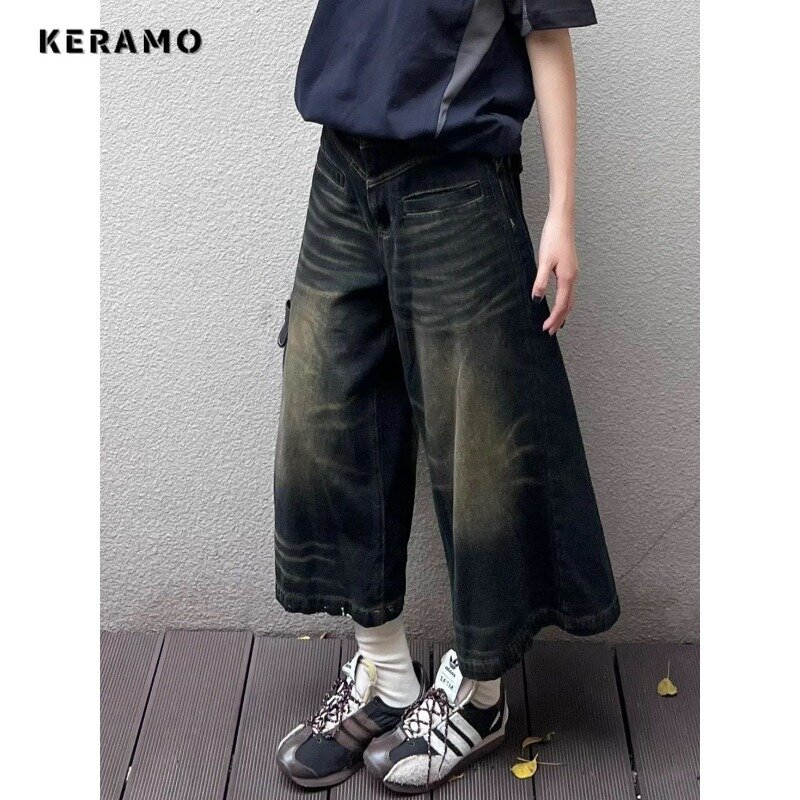 American Vintage High Waist Straight MId Long Jeans Women's Casual 2000s Shorts Baggy Y2K Grunge High Street Washed Denim Shorts