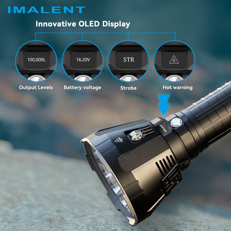 IMALENT MS18 мощный фонарь с яркостью 100000 люмен,профессиональный поисковый фонарик 18 светодиодами Cree XHP70.2, перезаряжаемый ультравысокой мощности охотничий факел с дальним броском до 1350 метров и дисплеем OLED