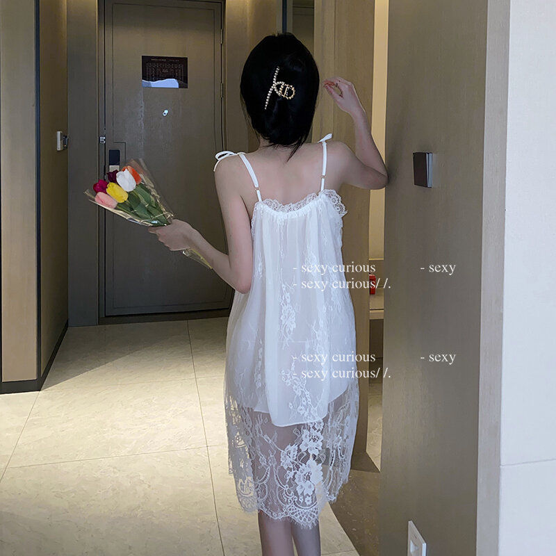 بيجامة نسائية شفافة من الدانتيل ، مجموعة ملابس داخلية إباحية ، مثيرة وبراقة ، حجم كبير ، فستان بيجامة سلس