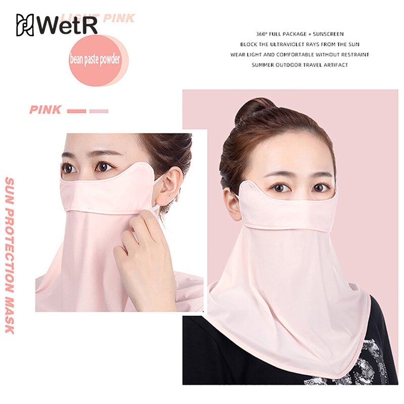 Máscara protetor solar de seda de gelo ao ar livre para mulheres, anti-UV, lenço respirável de secagem rápida, proteção para o pescoço, faixa de orelha pendurada, verão