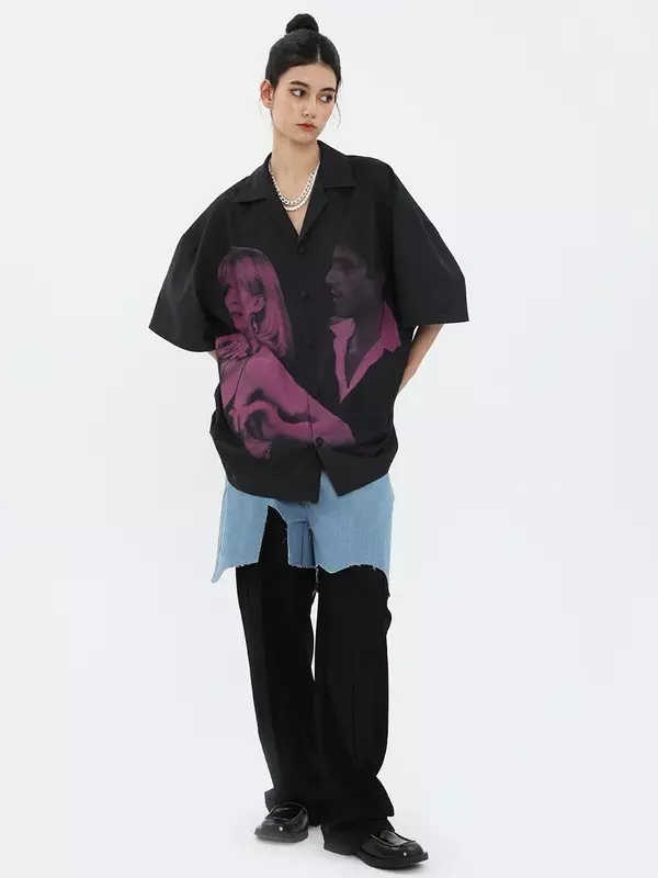 아메리칸 하와이안 스카페이스 초상화 프린트, 우아한 여성 반팔 셔츠, 레트로 우아한 커플 y2k 의류, 남성 셔츠