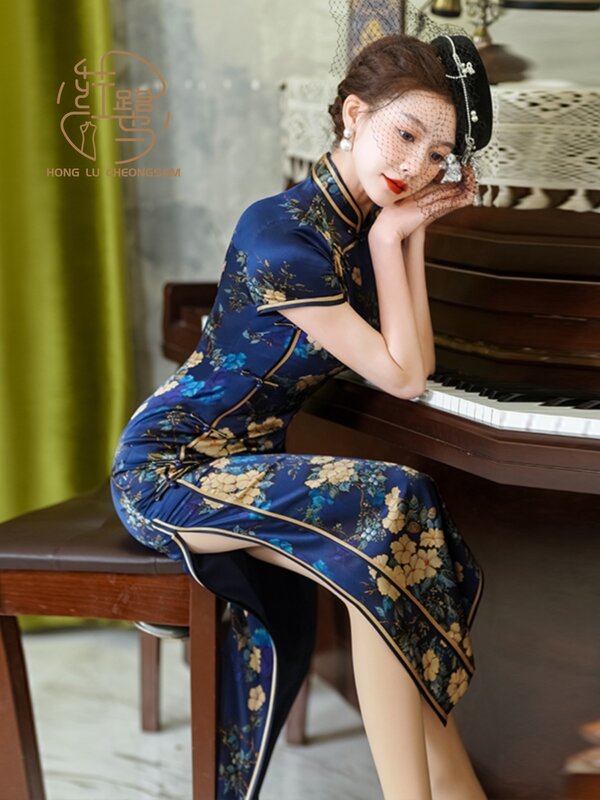 Gaun sutra Cheongsam ramping, gaun Cheongsam buatan tangan baru 2024, karakter murbei, Gaun sutra China Qipao