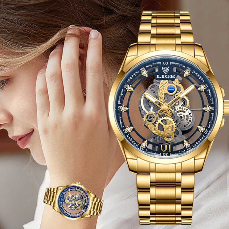 นาฬิกาหรู Lige สำหรับผู้หญิงนาฬิกาควอตซ์เพชรกันน้ำวันที่สแตนเลสนาฬิกาผู้หญิง reloj + BOX