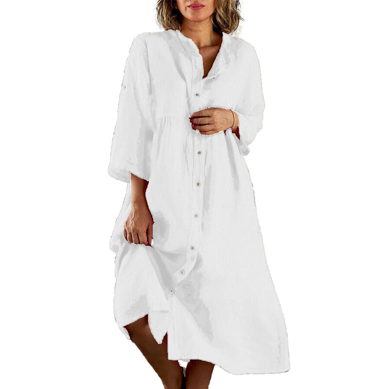 Hemdkleid-Robe à manches longues pour femme, sans élastique, décontractée, boutonnée, élégante, pour 03/Shirt, 1 x