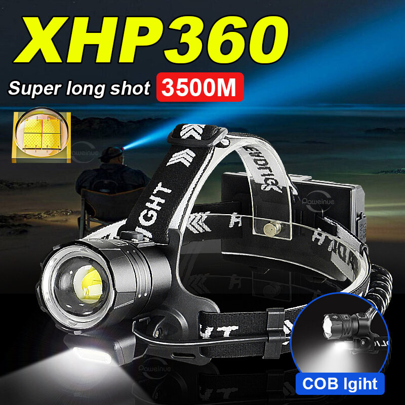 XHP360 Ultra ไฟหน้าที่มีประสิทธิภาพ 18650 LED ไฟฉายแบบชาร์จไฟได้กันน้ำตกปลา Camping ไฟหน้าแบบ Zoomable