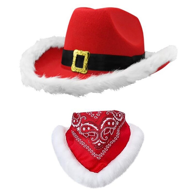 Stylish Scarf Cowgirl Hat Bandana Set for Christmas Party Photo Props Santa Hat with Beautiful White Brim