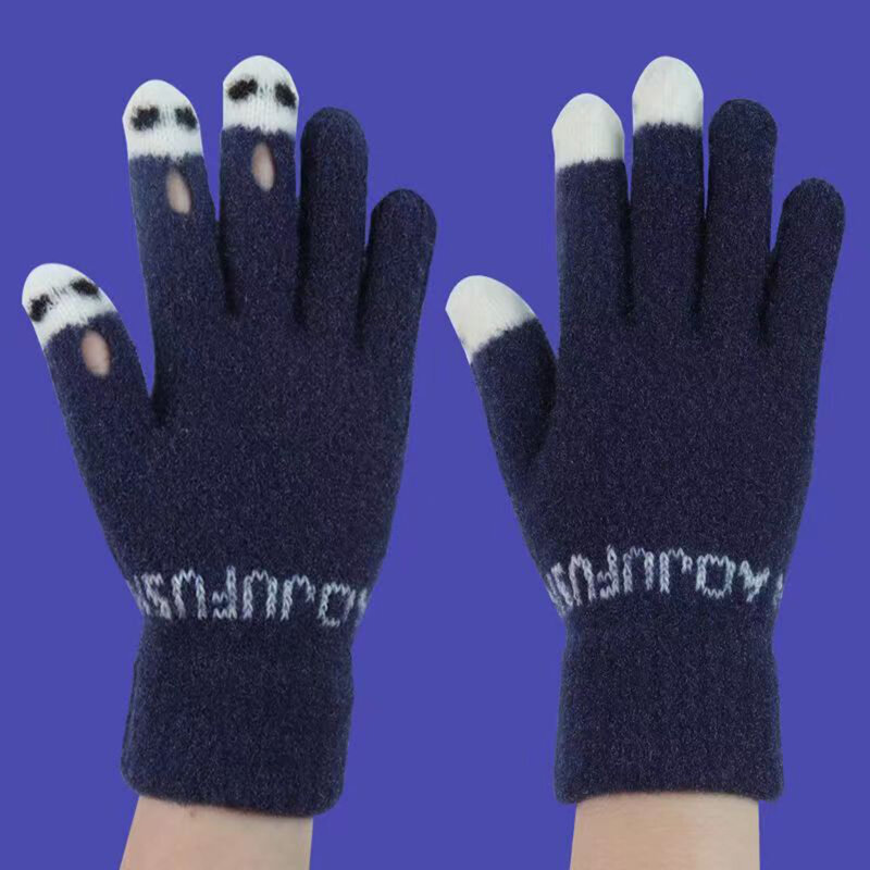 Sarung tangan rajut wanita, sarung tangan jari terbuka hangat kartun Panda, sarung tangan layar sentuh jari penuh lucu, sarung tangan rajut luar ruangan musim dingin