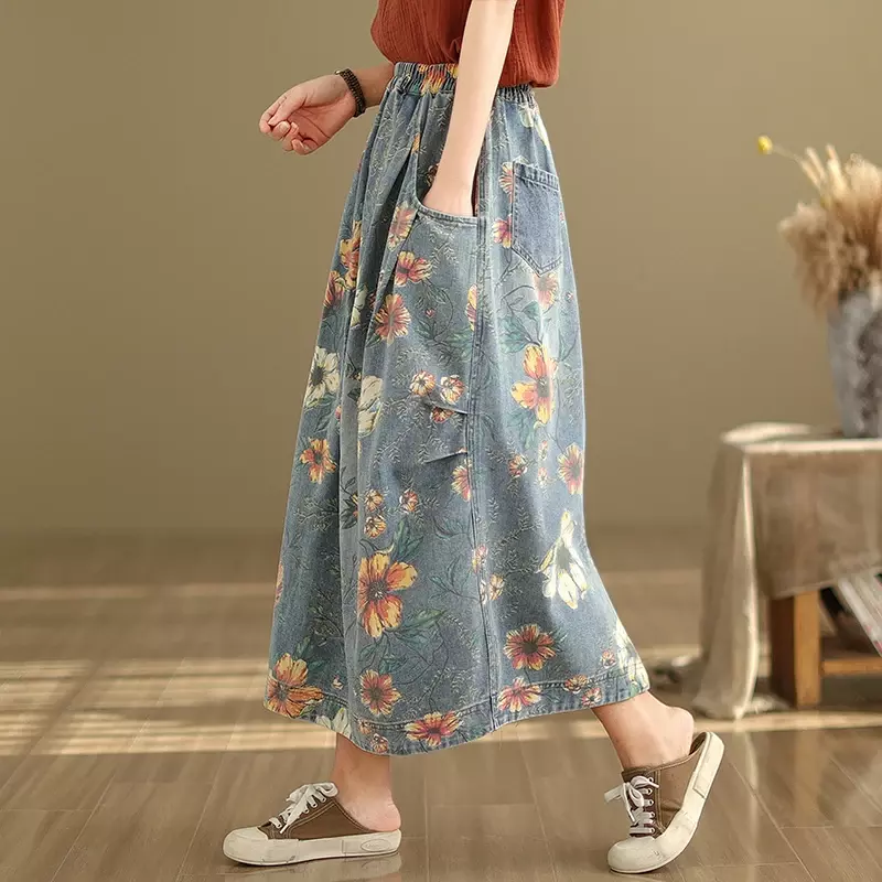Женская джинсовая юбка с цветочным принтом, свободная повседневная хлопковая прямая юбка до щиколотки с эластичным поясом, весна-лето 2024
