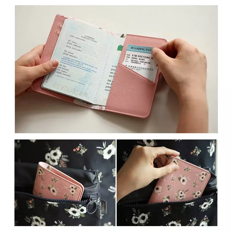 Perlengkapan perjalanan pemegang paspor pola cetak kartun tas paspor bunga wanita tempat kartu paspor penutup grosir