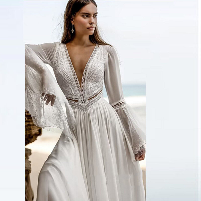 Женское шифоновое платье с открытой спиной, белое платье невесты трапециевидной формы, расширяющееся книзу, в стиле Звезд, для лета, 2024