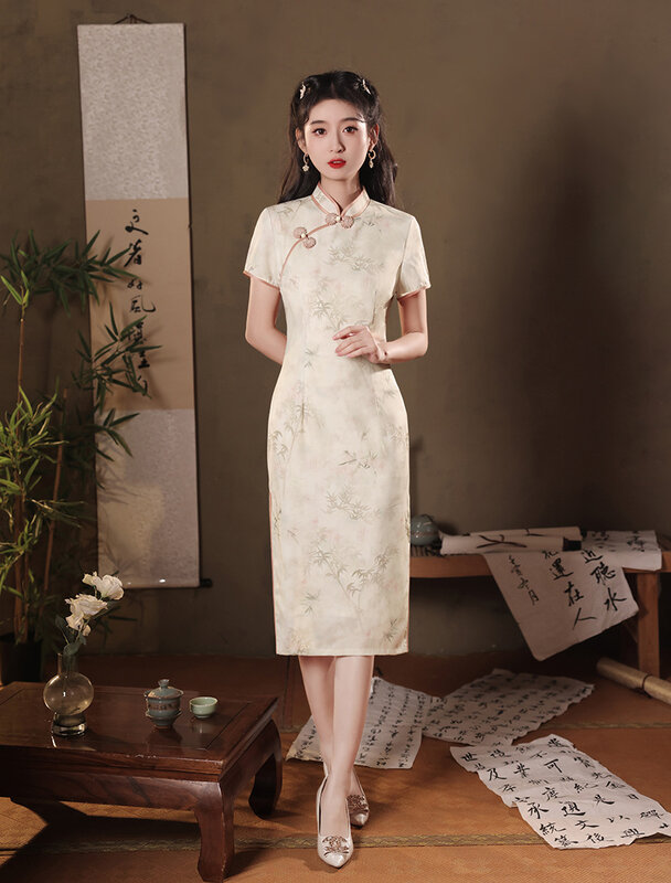 Qipao chino de longitud media para mujer, de estilo Retro ropa femenina, primavera y verano, 2024
