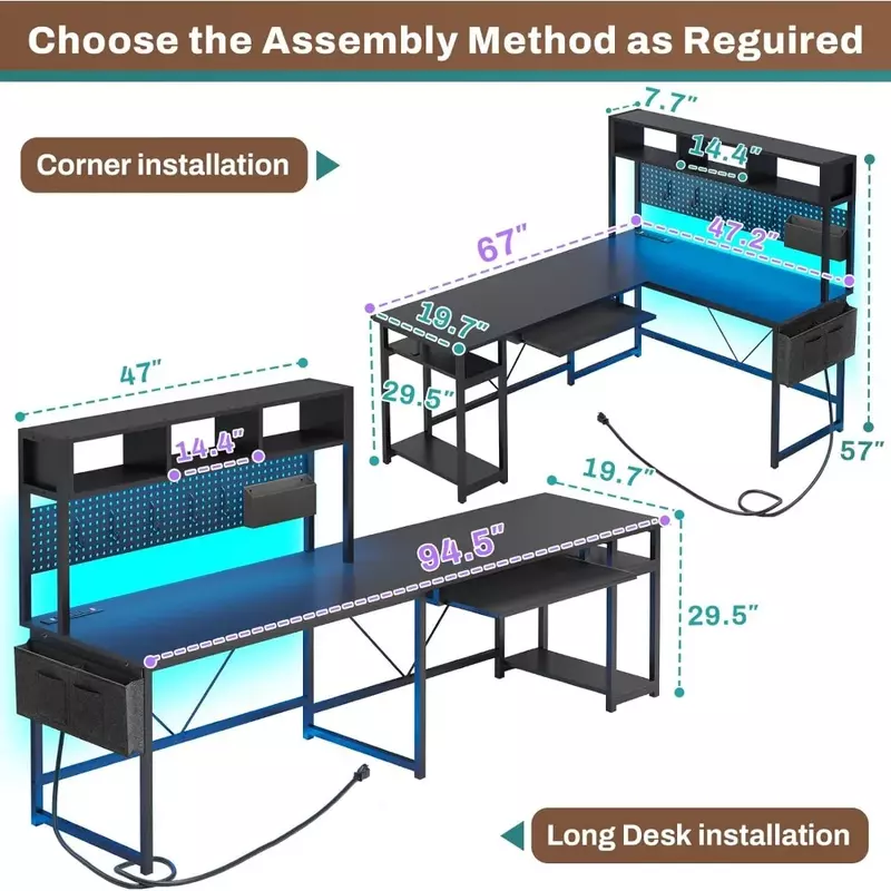 L-shaped Game Table, Reversible Computer Table with Power Socket and Pin Board, Game Table with LED Light, Black
