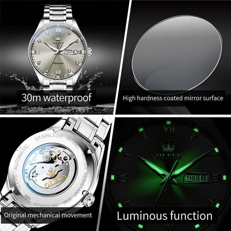 OLEVS-Reloj mecánico de lujo para Hombre, accesorio de pulsera resistente al agua con correa de acero inoxidable, automático, color gris