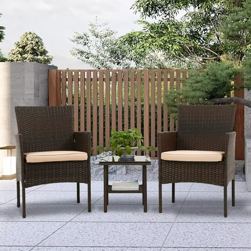 Bistro Conversation Set Wicker Furniture 2 Rattan Chairs Cushions and Glass Coffee Table for Porch Lawn Garden Balconyard