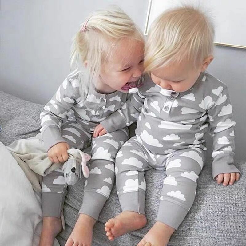 2Pcs Outfits Autumn Baby Boys Casual Cartoon Cute Cloud Gray Long Sleeve Jumpsuit Hat Infant Newborn Clothes Baby Girl Clothing