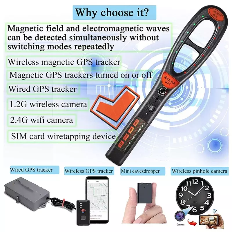 Raksa 021 ręczny wykrywacz sygnał GPS bezprzewodowy samochód skaner bezpieczeństwa do wykrywania sygnał RF bezprzewodowego i detektora magnesów