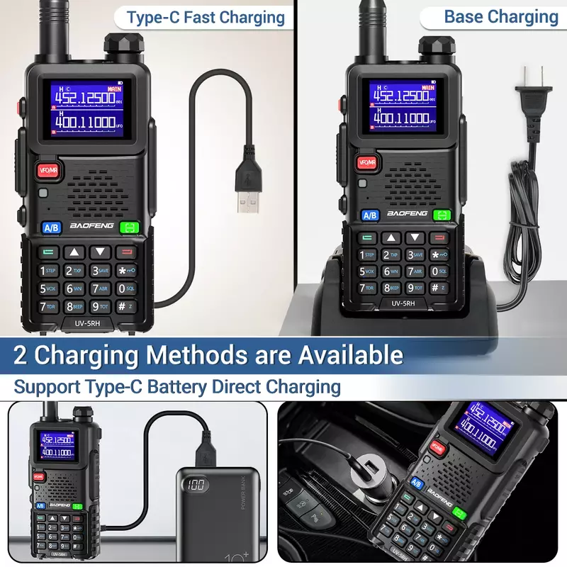 Baofeng-walkie-talkie piezas, Radio bidireccional, 2 UV-5RH, 10W, frecuencia de copia inalámbrica, carga tipo C, UV 5R mejorada