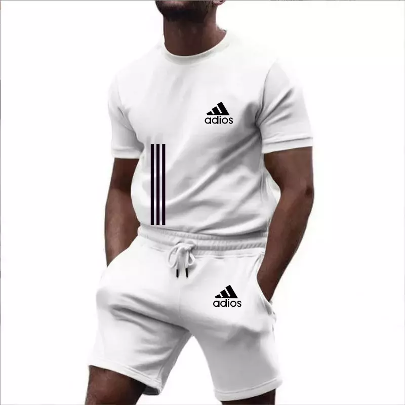 New Summer Men's Two Piece Set Waffle Fabric Casual T-Shirt And Shorts Set Mens Sports Suit Fashion Short Sleeve Tracksuit Men