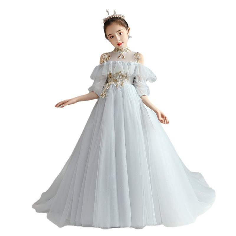 Детское модельное платье для пианино, вечернее платье для выступлений с синими цветами для девочек и принцесс, свадебное платье для приема гостей