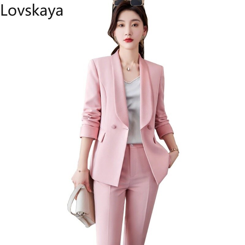 Mode 2 Stuk Set Blazer Voor Kantoor Dames Winter Werkkleding Vrouwen Roze Wit Formeel Broek Pak Jas En Broek
