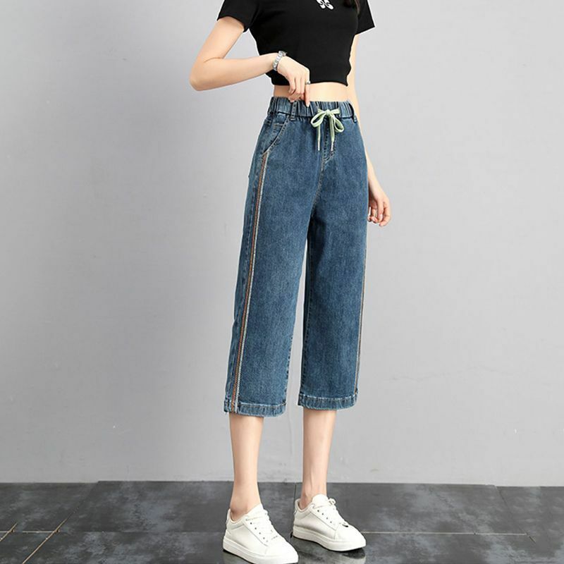 Streetwear Capris Jeans Damen Sommer dünne elastische hohe Taille lose gerade Bein Hose lässige Jeans hose