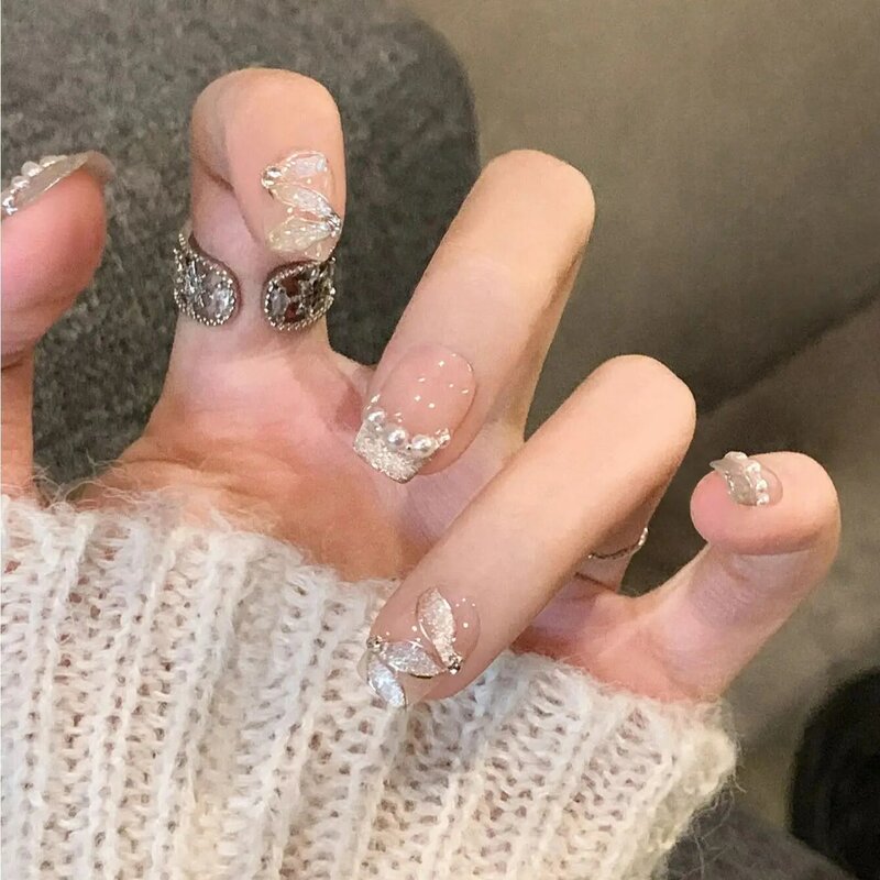 10 szt. Nowa ręcznie robiona koreańska prasa na paznokciach romantyczna perłowa kocie oko czarodziejska wielokrotnego użytku sztuczne paznokcie do noszenia paznokieć z pełnym pokryciem końcówki